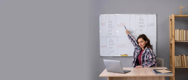 Female English teacher sitting at table, pointing at whiteboard, explaining grammar rules, having video conference with students. Education and e-learning concept. Banner. Copy space