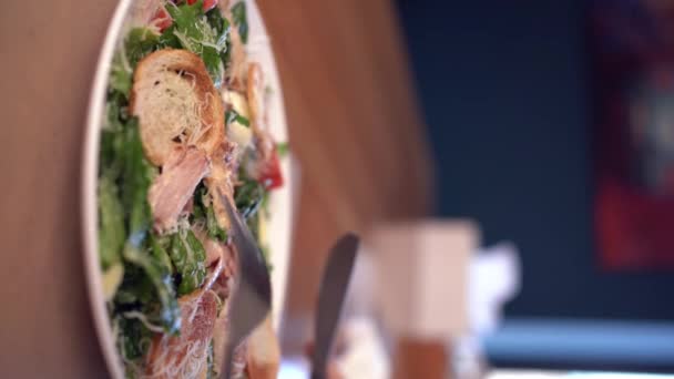 Womans Hands Caesar Salad Table Restaurant Eating Fork Knife Close — Stock Video