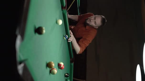Young Successful Handsome Man Playing American Pool Bar Alone Copy — Stock Video