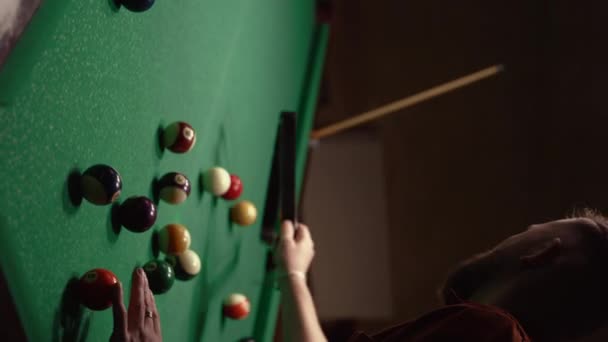 Caucasian Man Balls Billiard Club Table Green Surface Pool Game — Stock Video