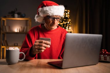 İnternetten Noel alışverişi. Son sınıf öğrencisi, elinde kredi kartı olan Noel Baba şapkası takıyor ve dizüstü bilgisayar kullanıyor. Oturma odasında oturmuş hediyeler sipariş ediyor. Noel Baba internetten alıyor. Boşluğu kopyala