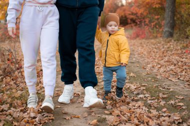 Güz ormanlarında yürüyüş yapan genç ve güzel bir aile, anne, baba ve küçük oğlu kol kola. Yakın plan.