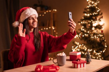 Noel 'de akıllı bir telefon görüşmesinde el sallayan bir kadın evdeki masada oturuyor. Boşluğu kopyala