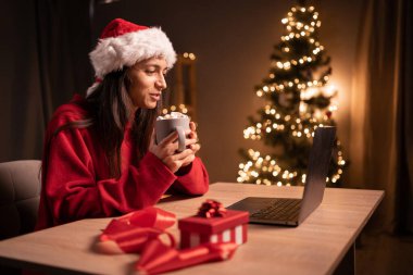 Genç mutlu kadın evde yalnız başına Noel 'i kutlarken bilgisayarda görüntülü arama yapıyor. Marshmallow 'la film izleriz. Boşluğu kopyala