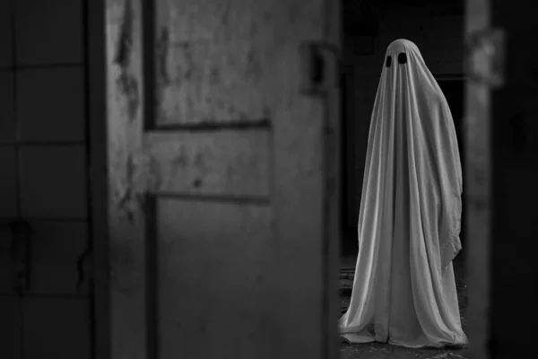 Страшний Привид Покриває Білий Аркуш Темному Тлі Біля Відкритих Дверей — стокове фото
