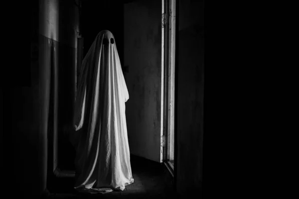 Foto Preto Branco Fantasma Assustador Casa Abandonada Escura Espaço Cópia — Fotografia de Stock