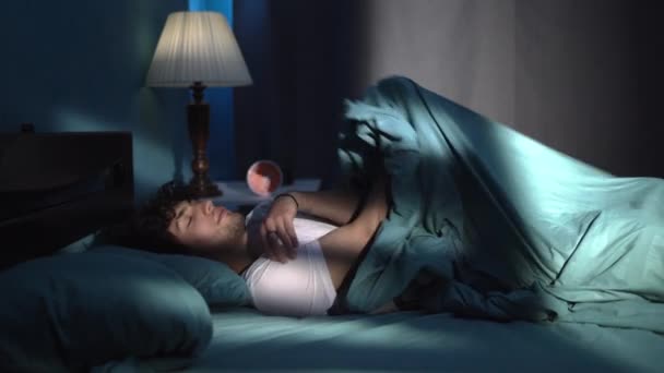 Sleepless Desperate Young Man Suffering Insomnia Stress Sleeping Disorder Awake — Stock Video