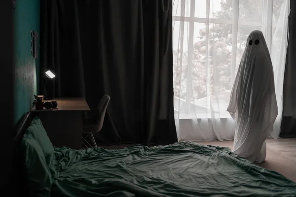 Ghost Silhouette Window Bedroom Horror Scene Halloween Concept Copy Space — Stock Photo, Image