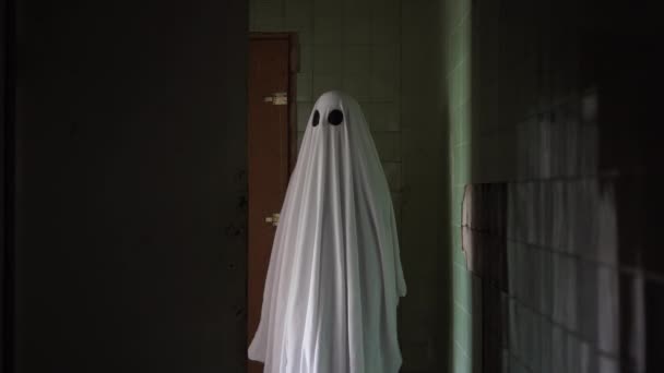 Fantôme Dans Drap Blanc Marche Dans Une Vieille Maison Abandonnée — Video