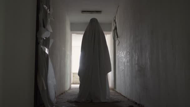 鬼魂沿着老精神病诊所或鬼屋的走廊走进灯光的鬼魂背景色 — 图库视频影像