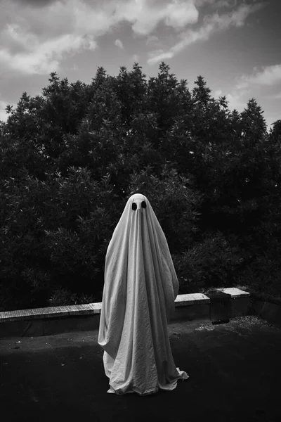 Fantasma Coberto Com Lençol Fantasma Branco Num Telhado Foto Preto — Fotografia de Stock
