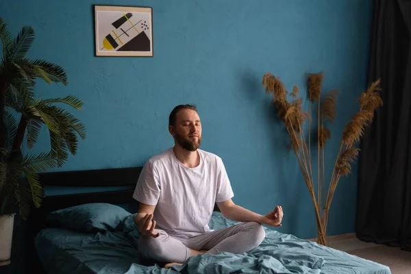 Morning Meditation Concept Millennial Man Practicing Yoga Bed Waking Free — Stock Photo, Image