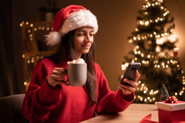 Pozitif genç bir kadın masasında oturuyor ve cep telefonu tutacağı bardağı kullanıyor. Evin içinde Noel dekoruyla birlikte. Boşluğu kopyala