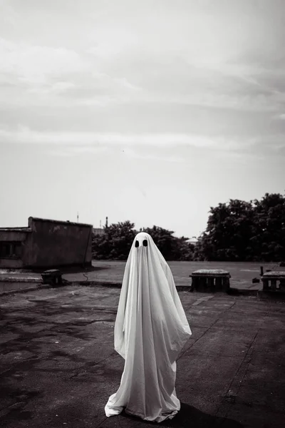 Mysterie Magie Halloween Concept Ghost Het Dak Verlaten Huis Kopieerruimte — Stockfoto