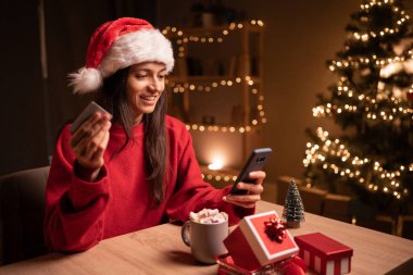Genç bir kadın kış tatili için internet üzerinden akıllı telefon kullanıyor. Noel alışverişi konsepti
