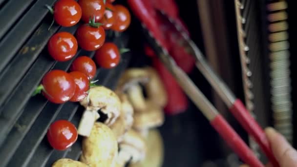 Vegetables Cooked Barbecue Grill Cherry Tomatoes Mushrooms Red Peppers Gas — Stock Video