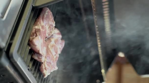Kip Varkensvlees Steaks Worden Gegrild Buiten Zomer Verticale Video — Stockvideo