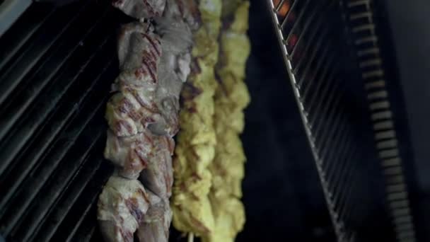 ホットグリル クローズアップ上のバーベキュー牛肉 鶏のカボチャ 屋外での火災の炎の上に串 垂直ビデオ — ストック動画