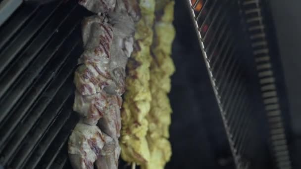 烤牛肉 猪肉和鸡胸肉放在热烤架上 烤肉串在火烤架上烤肉串 垂直录像 — 图库视频影像