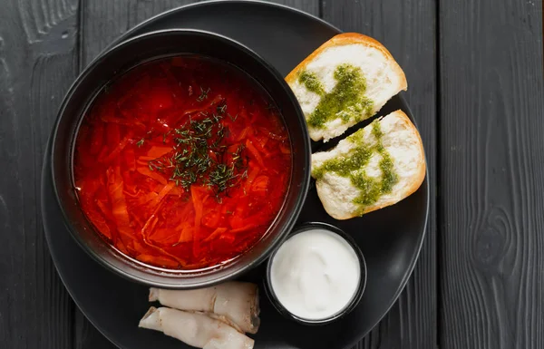 Traditioneller Ukrainischer Borscht Schüssel Rote Bete Suppe Borschtsch Mit Weißer — Stockfoto