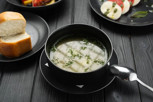 Fresh Soup Broth Plate Black Wooden Background Set Menu Restaurant — Stock Photo, Image