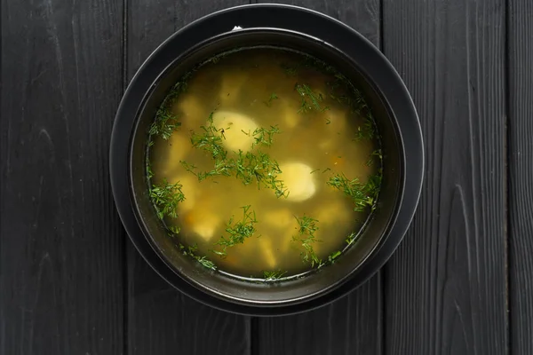 Chicken Broth Dark Wooden Background Top View Close Copy Space — Stock Photo, Image