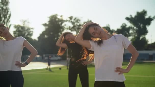 Bir Grup Atlet Kadın Boyun Kaslarını Esnetiyor Doğada Yoga Spor — Stok video