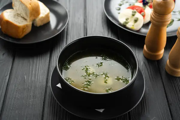 Chicken Soup Broth Bowl Dark Wooden Table Restaurant Lunch Menu — Stock Photo, Image