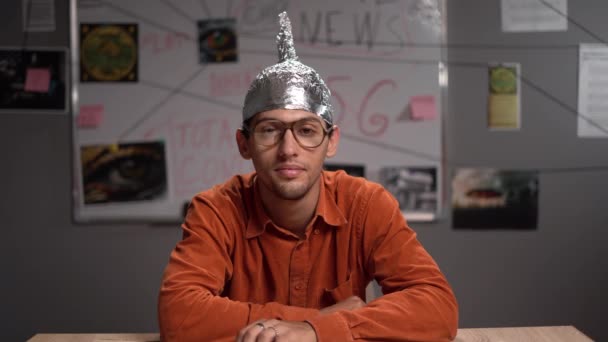 Male Conspiracy Theorist Protective Foil Cap Glasses Debunks Myths Conceptual — Stock Video