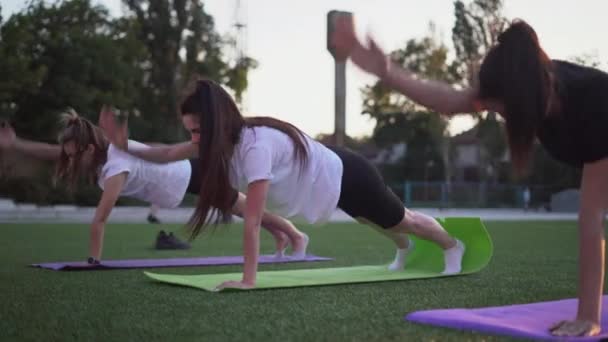 Группа Молодых Женщин Спортивной Одежде Делает Упражнения Доске Укрепить Тело — стоковое видео