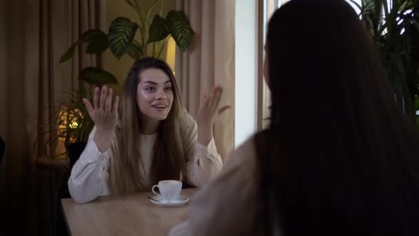 カフェでコーヒーカップを飲む若い女性がボーイフレンドについてのゴシップを笑う コミュニケーションと友情のコンセプト コピースペース — ストック動画