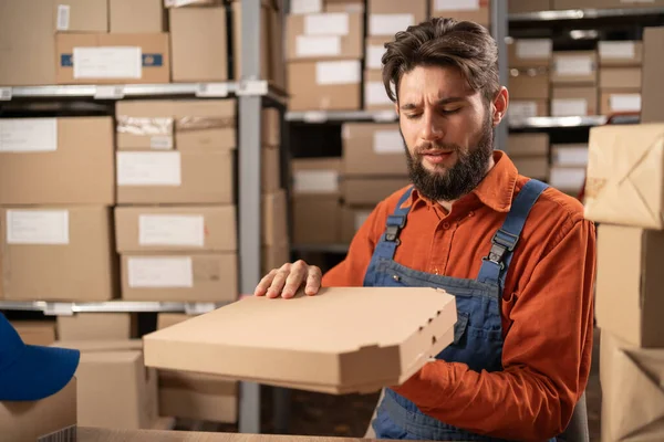 Italian Pizza Delivery Happy Warehouse Worker Opening Pizza Box Copy — Stock Photo, Image