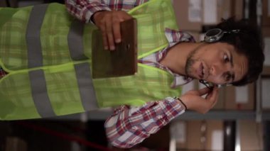 İşçiyle tablet iletişimi olan kulaklık takmış bir erkek depo çalışanı. Dikey video