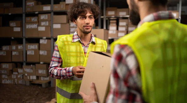Logistics Retail Warehouse Two Warehouse Workers Preparing Delivery Cardboard Boxes — Stock Photo, Image