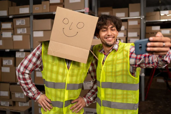 Happy Warehouse Team Box Head Taking Group Selfie Workwear Multiracial — Stock Photo, Image