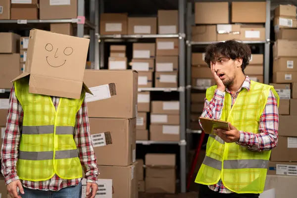 Shocked Inventory Manager Tablet Crazy Warehouse Worker Box Head Having — Stock Photo, Image