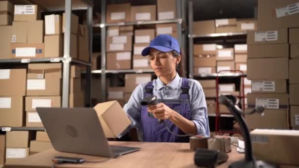 Warehouse Woman Worker Barcode Scanner Sitting Table Laptop Computer Copy — Stock Video