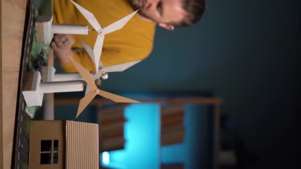 Handsome Man Architect Worker Making Tiny Models Windmill Generators Freelance — Stock Video