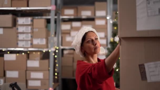 Femme Gestionnaire Portant Chapeau Père Noël Utilise Tablette Numérique Pour — Video