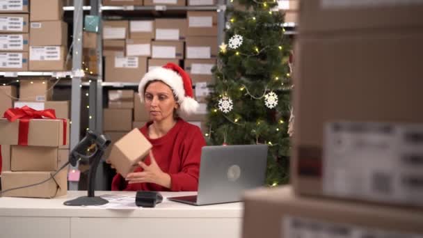 女销售员在网上扫描包裹条形码标签包装电子商务邮筒 在圣诞节工作 送货服务仓库的概念 复制空间 — 图库视频影像