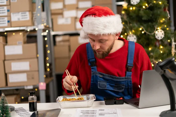 Santa Claus Eats Sushi Warehouse Worker Has Lunch Delivering Sushi — Stock Photo, Image
