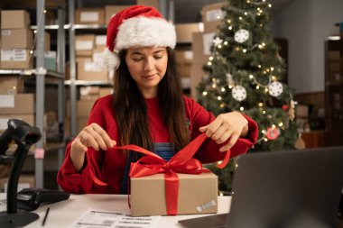İş kurma KOBİ konsepti Genç hevesli girişimci, küçük işletme sahibi, mal paketleme, sevkiyata hazırlık. Noel Baba şapkası giymek Noel sezonunda iyi bir gelir sağlar.