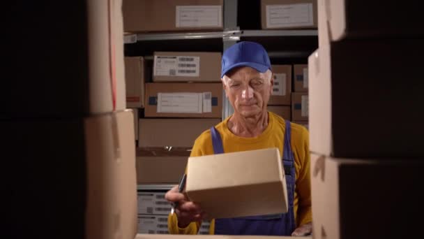 Homme Âgé Avec Presse Papiers Travaille Dans Entrepôt Superviseur Contrôle — Video