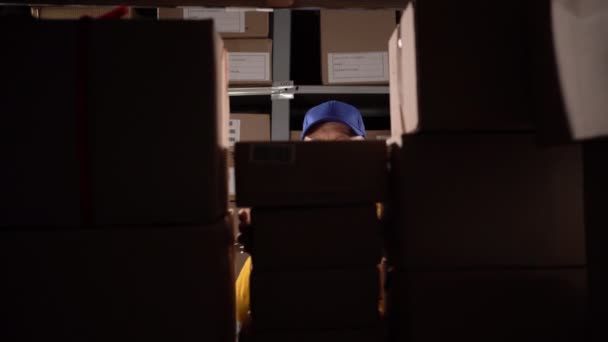 高齢の倉庫労働者は 大きな倉庫で作業する棚にパッケージを入れる コピースペース — ストック動画