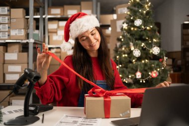 İş kurma KOBİ konsepti Genç hevesli girişimci, küçük işletme sahibi, mal paketleme, sevkiyata hazırlık. Noel Baba şapkası giymek Noel sezonunda iyi bir gelir sağlar.