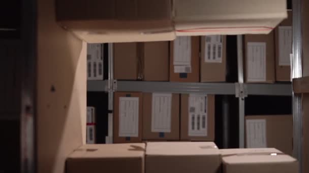 Oude Mannelijke Werknemer Draagt Headset Logistiek Distributiecentrum Gesprek Met Collega — Stockvideo