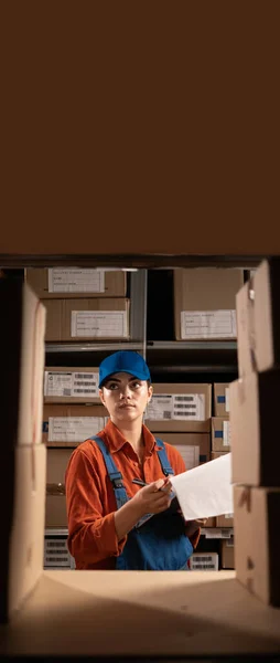 Delivery Woman Blue Overalls Clipboard Pen Warehouse Background Profession Job — Stock Photo, Image