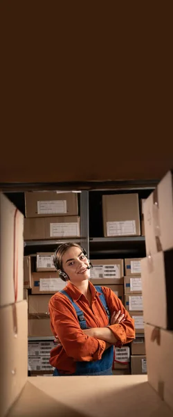 Portrait Smiling Warehouse Woman Staff Listening Talking Customer Headset Crossing — Stock Photo, Image