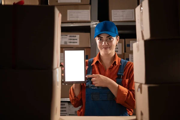 Warehouse Manager Uses Digital Tablet Does Inventory Showing Mock Screen — Stock Photo, Image