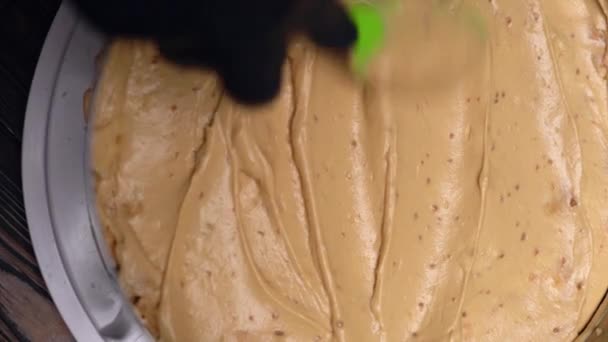 Σεφ Διακόσμηση Ένα Νόστιμο Κέικ Κρέμα Καρύδι Πάνω Άποψη Κάθετη — Αρχείο Βίντεο